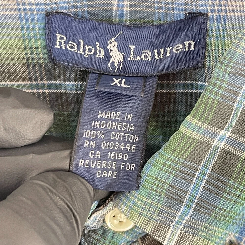 Ralph Lauren Green Blue Plaid Button-Down‎ Shirt Teen Boys Long Sleeve Size XL